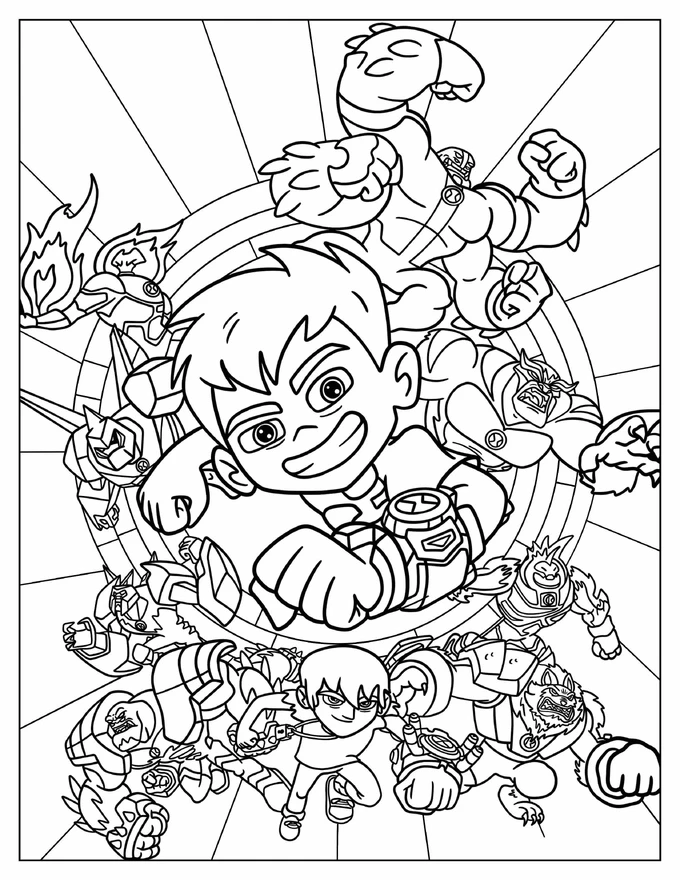 Ben 10 And Kevin Levin With Aliens Coloring Sheet