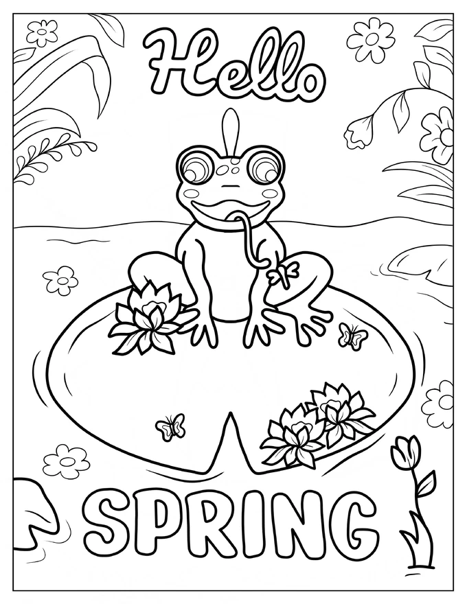 Frog On Lily Pad In Spring Coloring Sheet