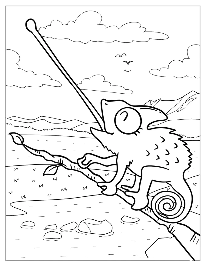 Baby Chameleon Catching Fly Coloring Sheet For Preschoolers