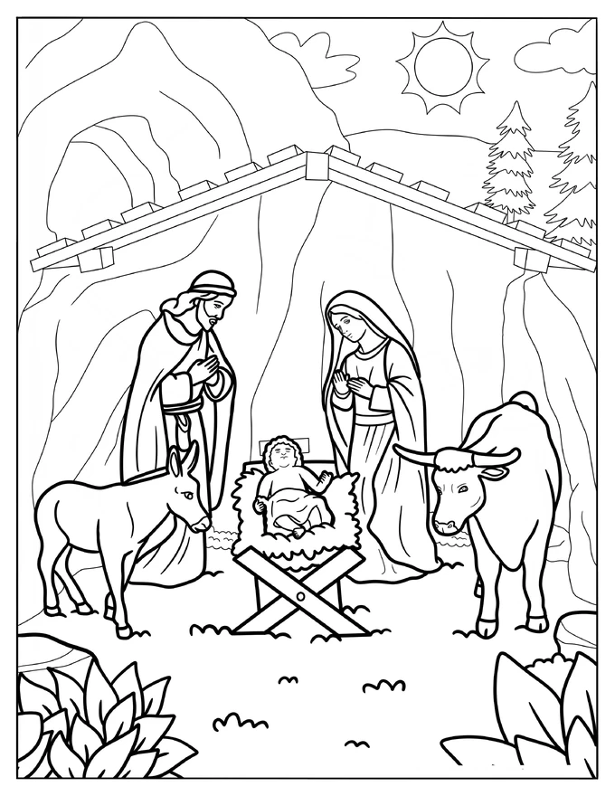 Nativity With Cow And Pony Surrounding Jesus Coloring Sheet