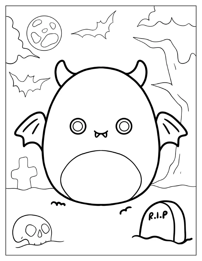 Halloween Coloring Sheet Of Dante The Demon Squishmallow In Cemetery