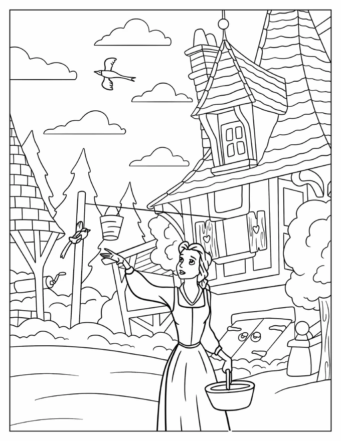 Belle Doing Chores In Village Coloring Sheet