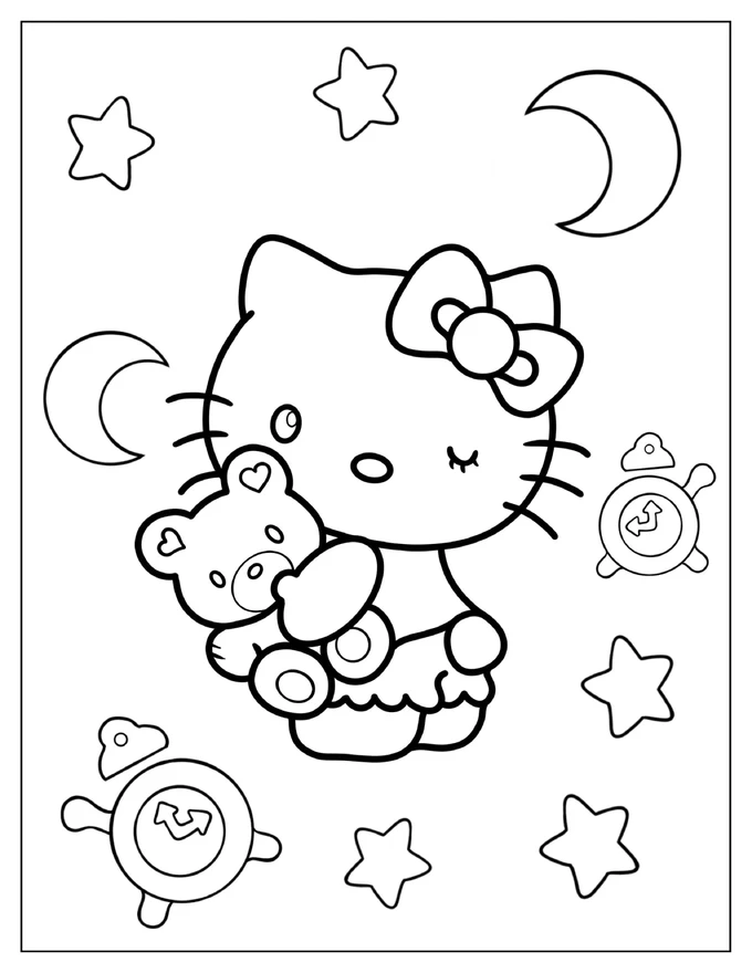 Coloring Page Of Hello Kitty Hugging Teddy Bear