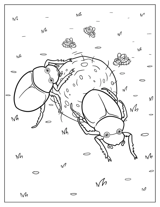 Dung Beetles Moving A Rock Coloring Page For Kids