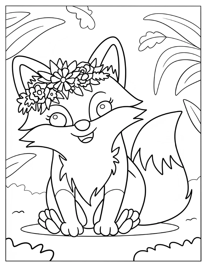 Easy Cute Fox Wearing A Flower Crown Coloring Sheet