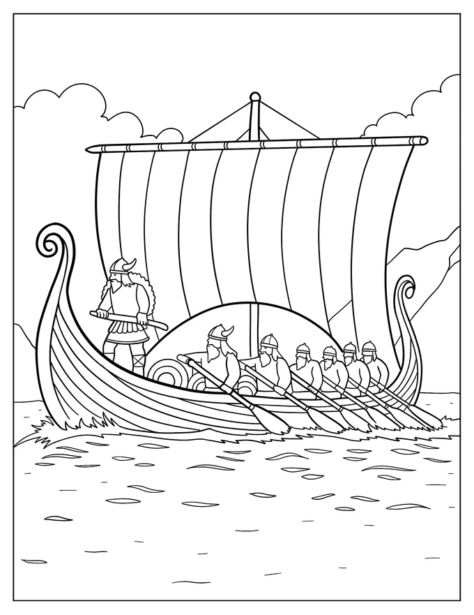 Viking Boat Sailing Coloring Sheet For Kids