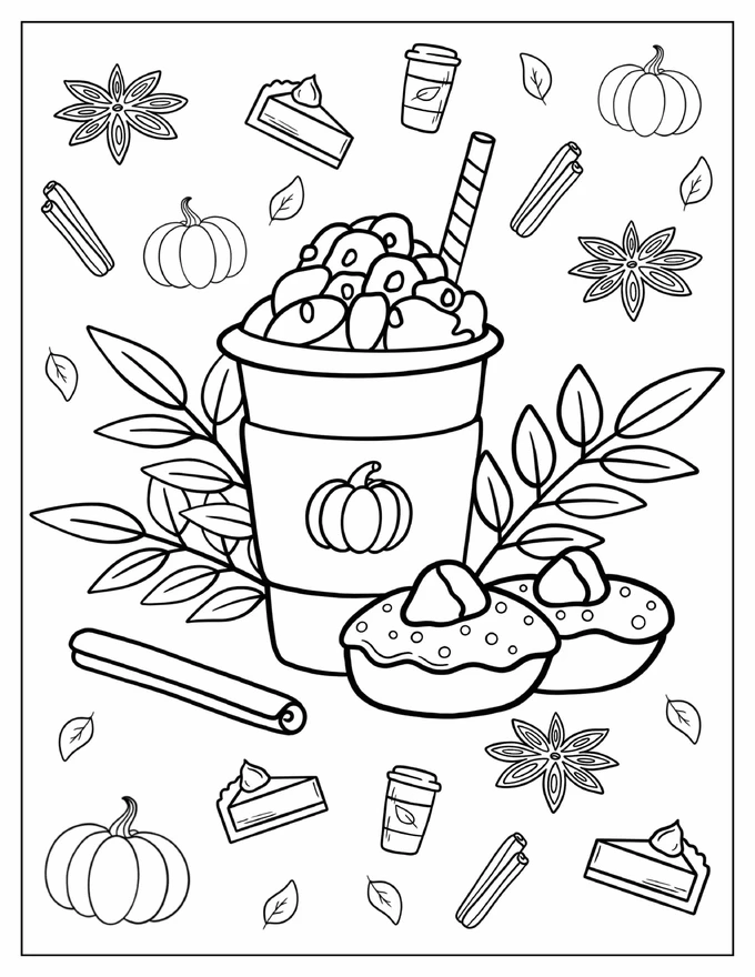 Pumpkin Spice Latte With Pastries In Fall Coloring Sheet