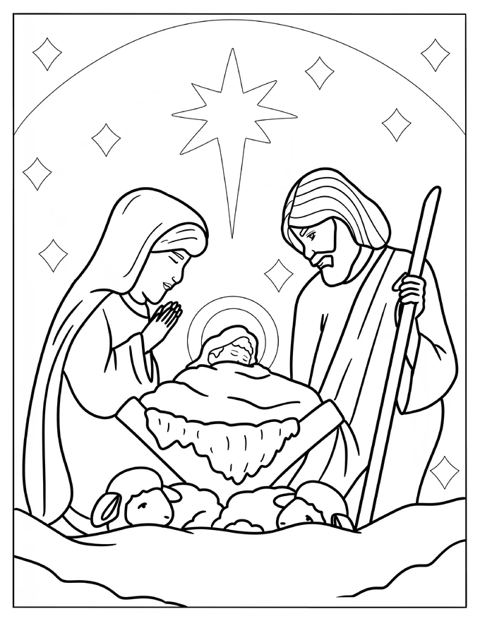 Mary And Joseph Watching Over Newborn Jesus Nativity Coloring Page