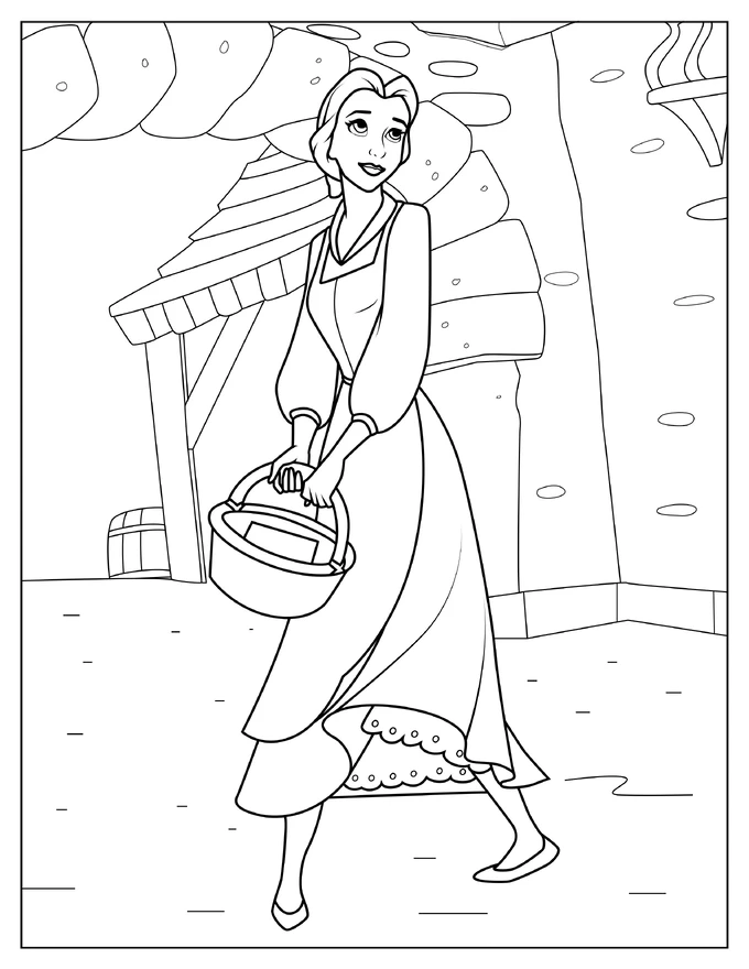 Belle Wearing Blue Dress Walking With Basket