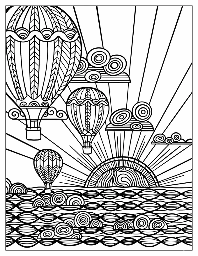 Hot Air Balloons Over The Sea Zentangle Coloring Page