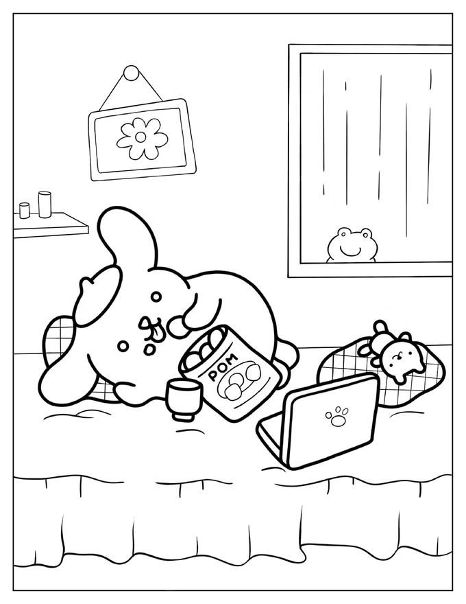 Pompompurin Eating Chips At Home Coloring Sheet