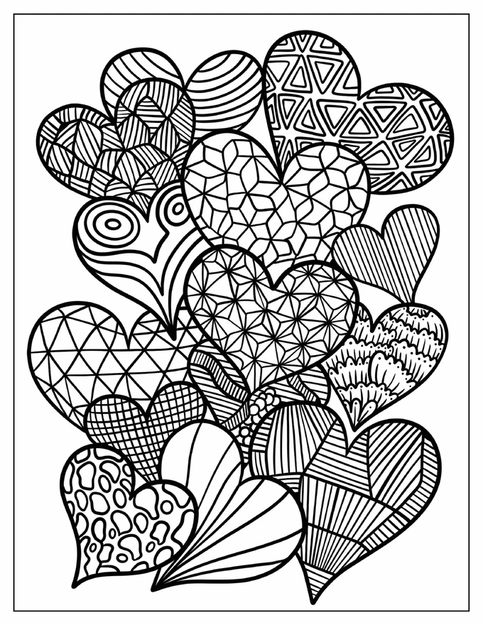 Hearts Zentangle Coloring Sheet For Kids