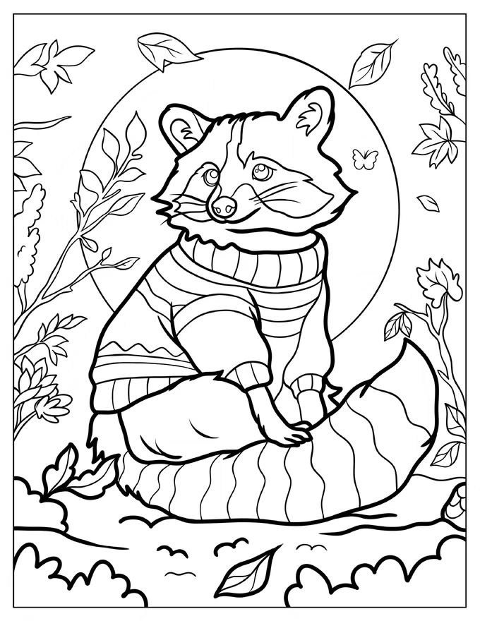 Cute Raccoon In A Sweater In Fall Coloring Page