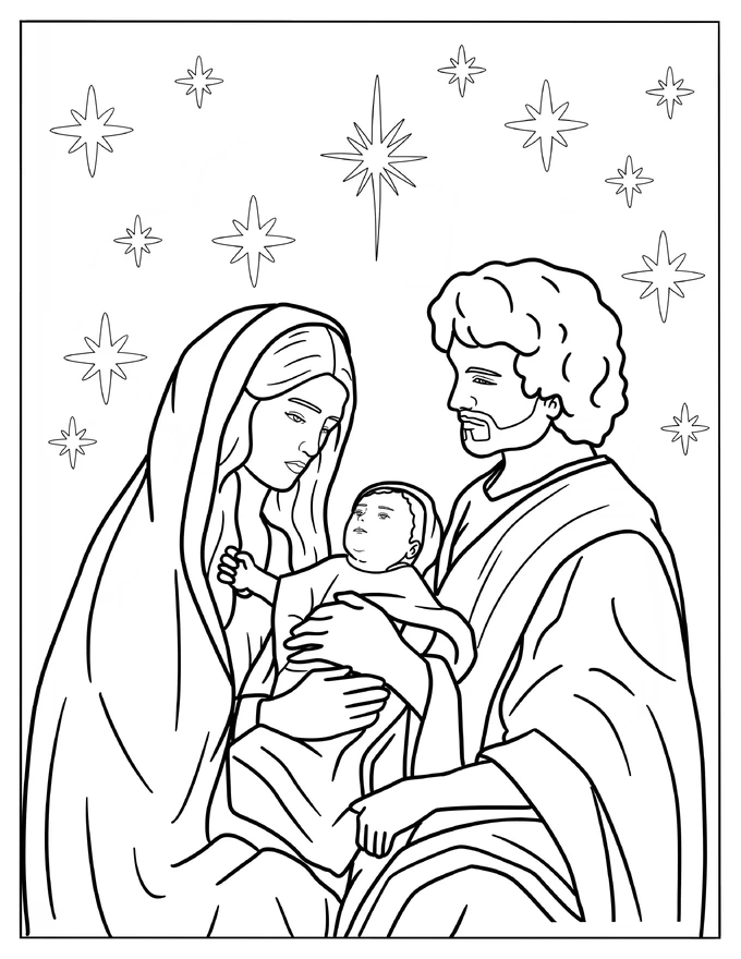 Mary And Joseph Cradling Newborn Jesus Coloring Sheet