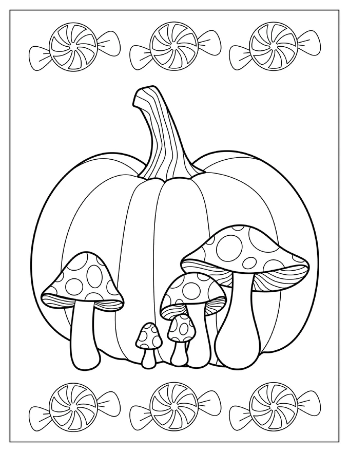 Simple Pumpkin With Mushrooms Coloring Page For Kids