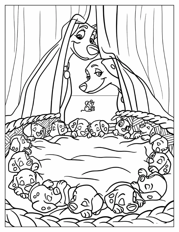 Pongo And Perdita Checking On Puppies Coloring Sheet