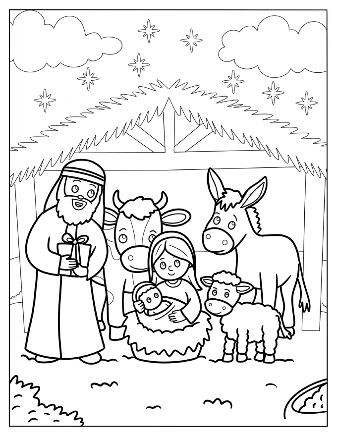 Kawaii Nativity With Animals Surrounding Joseph, Mary, And Jesus Coloring Sheet For Kids