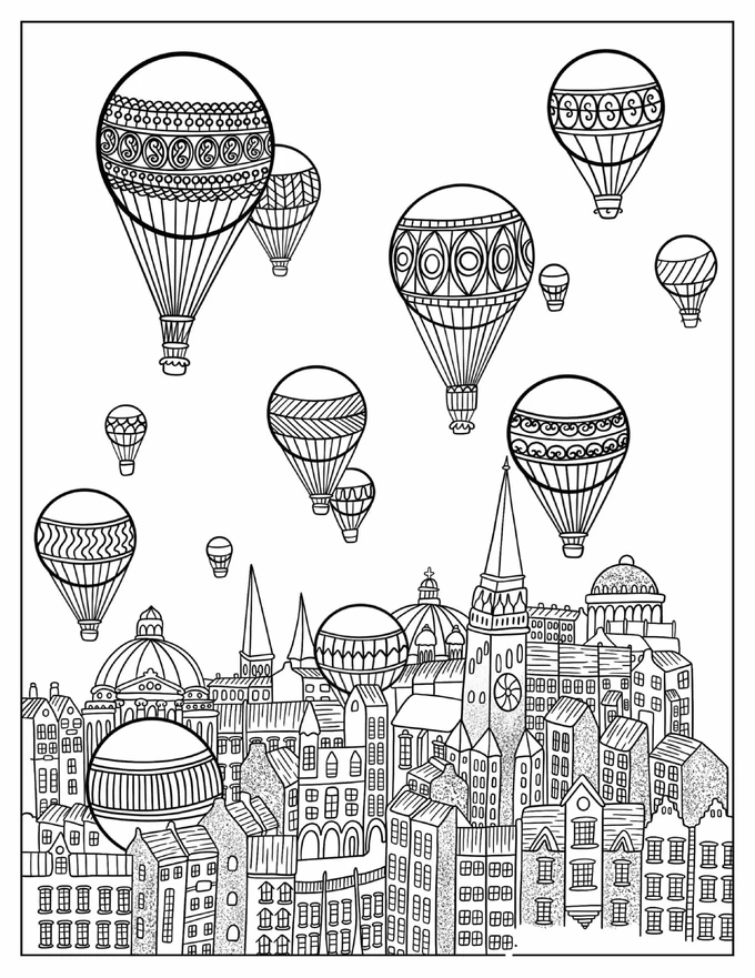 Hot Air Balloons Floating Over City