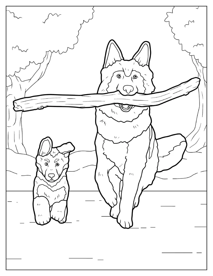 Adult German Shepherd Carrying Stick With Puppy Coloring Page