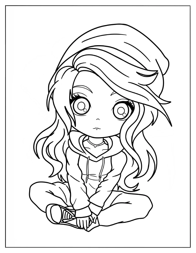 Adorable Chibi Girl Wearing A Hoodie Coloring Sheet For Preschoolers