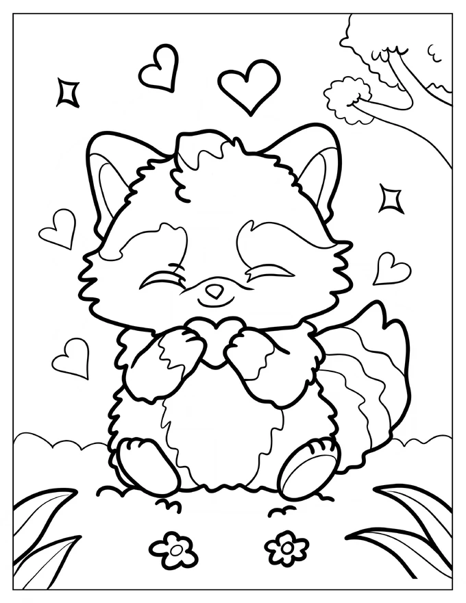 Cartoon Raccoon Holding A Love Heart Coloring Page