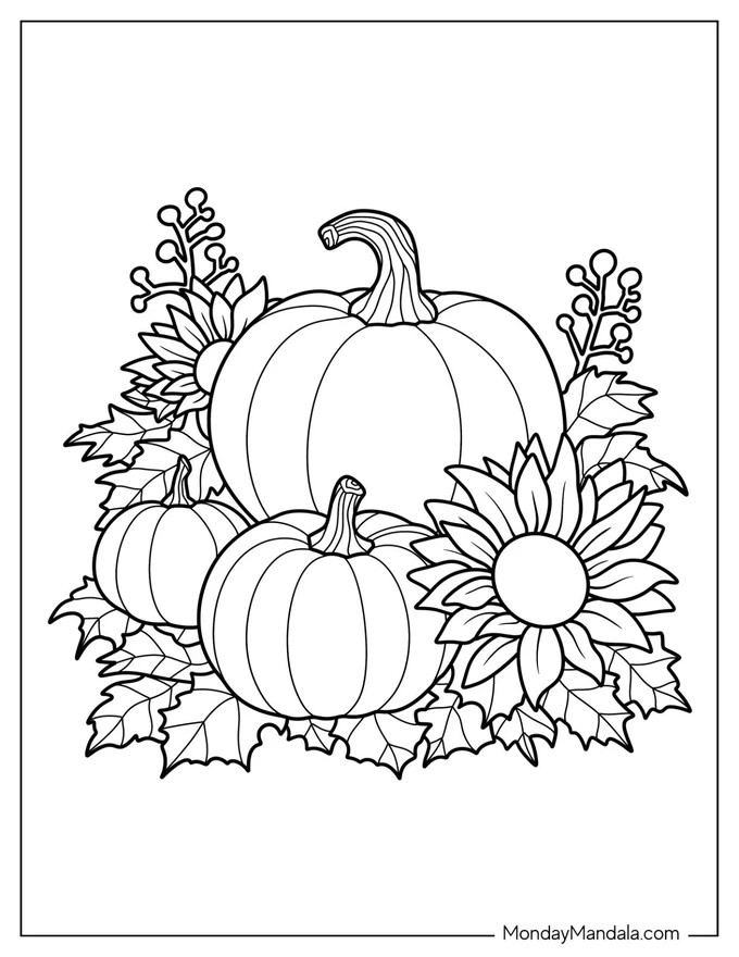 Pumpkins, Sunflowers, And Leaves Coloring Page