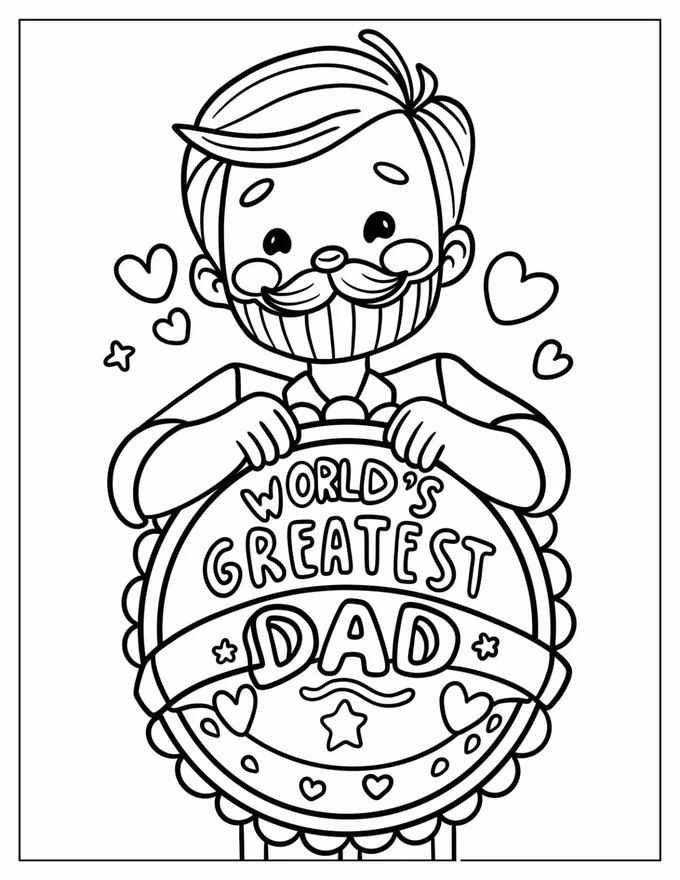 Cartoon Father Holding World’s Greatest Dad Sign Coloring Sheet