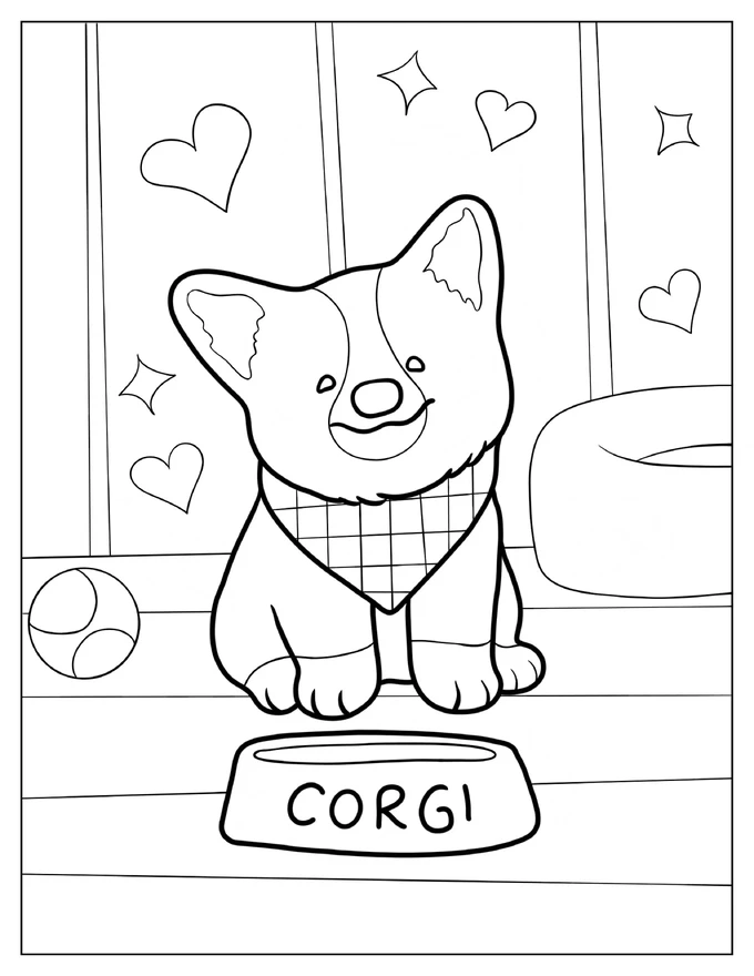 Simple Corgi With Checkered Scarf Coloring Sheet