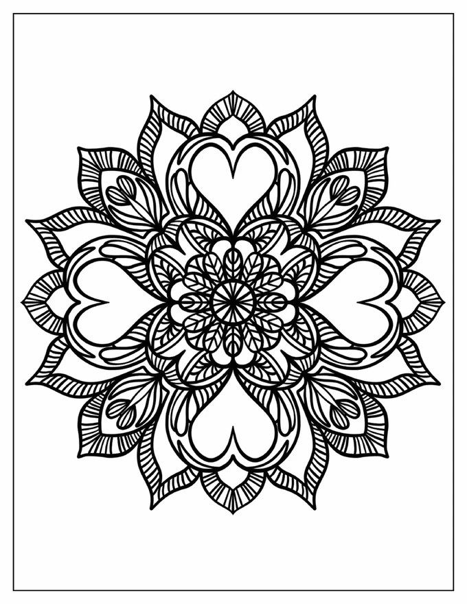 Flower With Hearts Zentangle Coloring Page