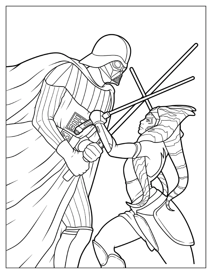 Darth Vader Battling Ahsoka Coloring Sheet