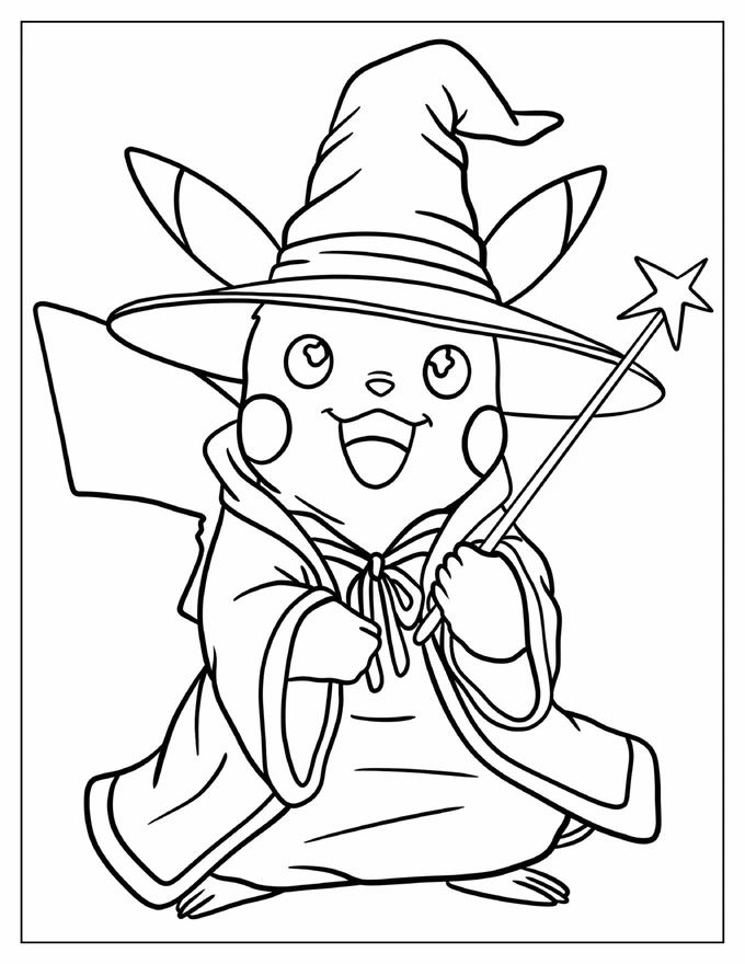 Cute Wizard Pikachu Holding A Wand Coloring Page For Kids