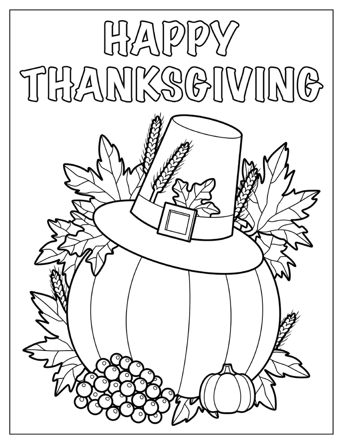 Pumpkin With Pilgrim’s Hat, Fall Leaves, And Wheat Coloring Page