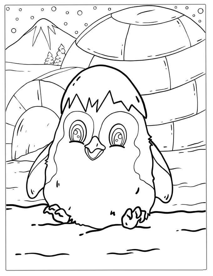 Cute Penguin With Igloo Coloring Sheet