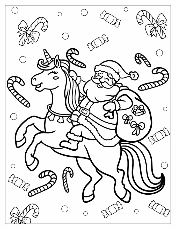 Santa Carrying A Sack Of Gifts While Riding A Unicorn Coloring Sheet