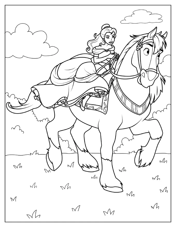 Coloring Sheet Of Belle With Her Horse Phillipe