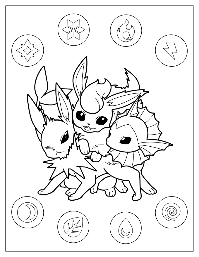 Kawaii Jolteon With Flareon And Vaporeon Coloring Page