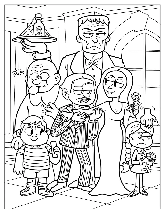 Kawaii Addams Family In Haunted House Coloring Page For Kids