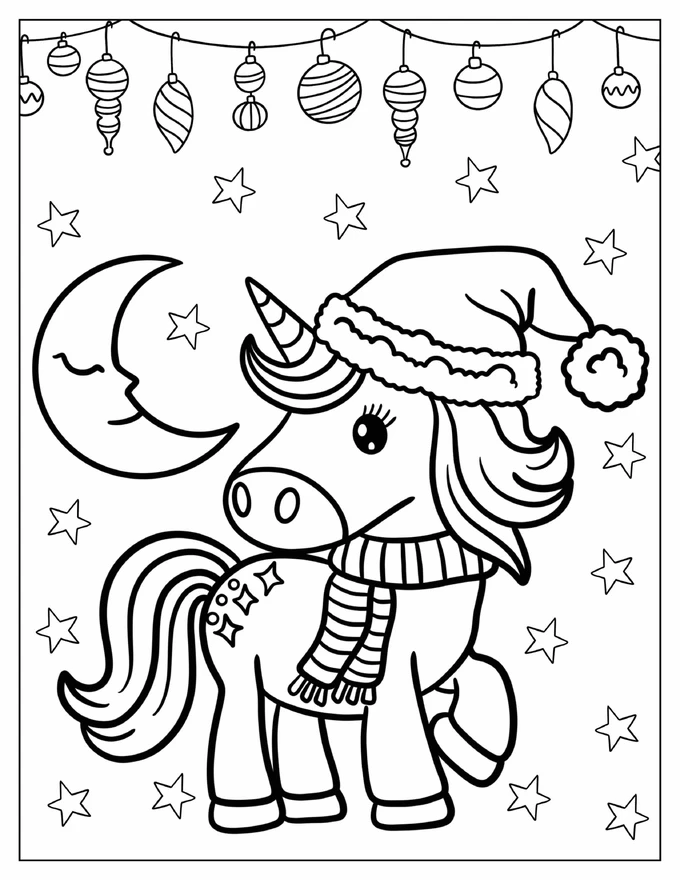 Unicorn In Santa Hat And Striped Scarf With Crescent Moon In The Back