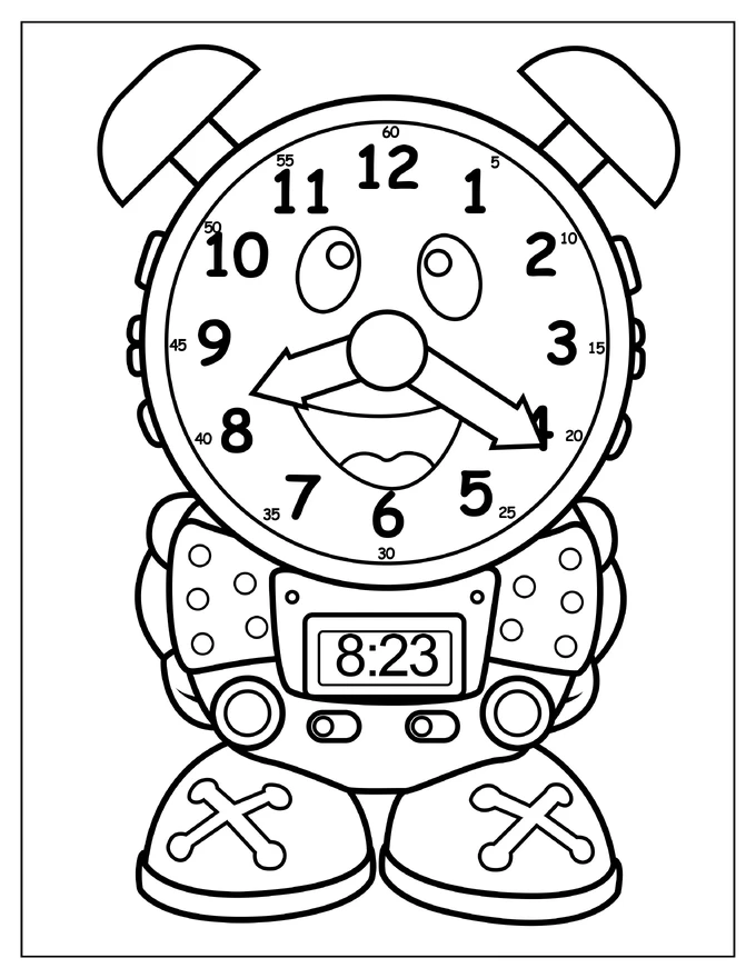 Coloring Page Of a Robot Themed Clock