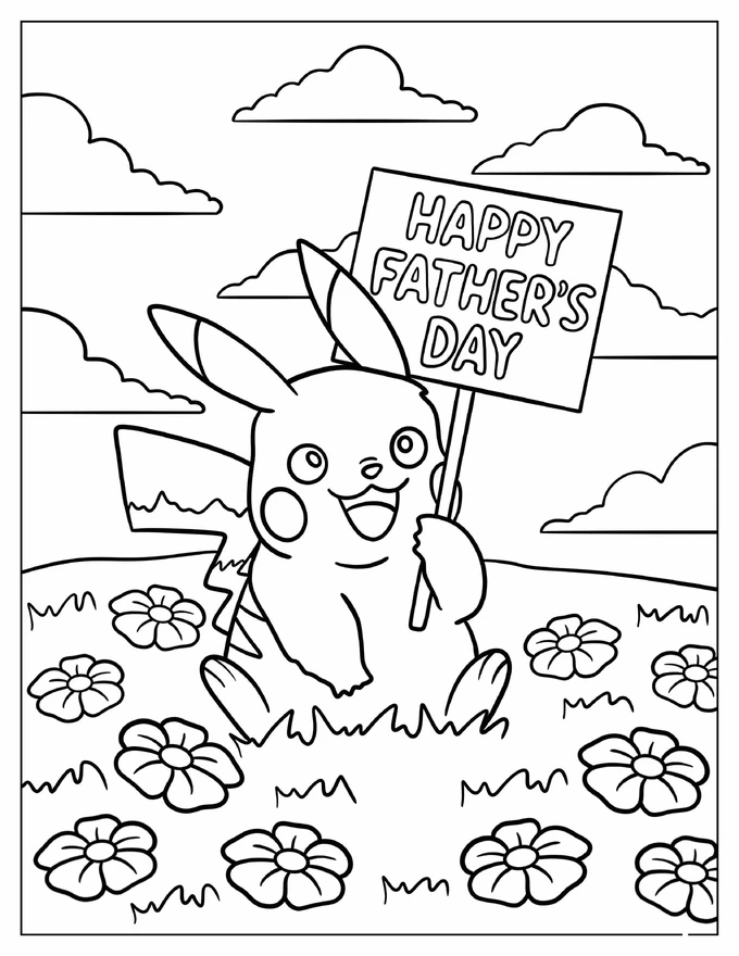 Pikachu Sitting On A Flower Field With A Happy Father’s Day Sign