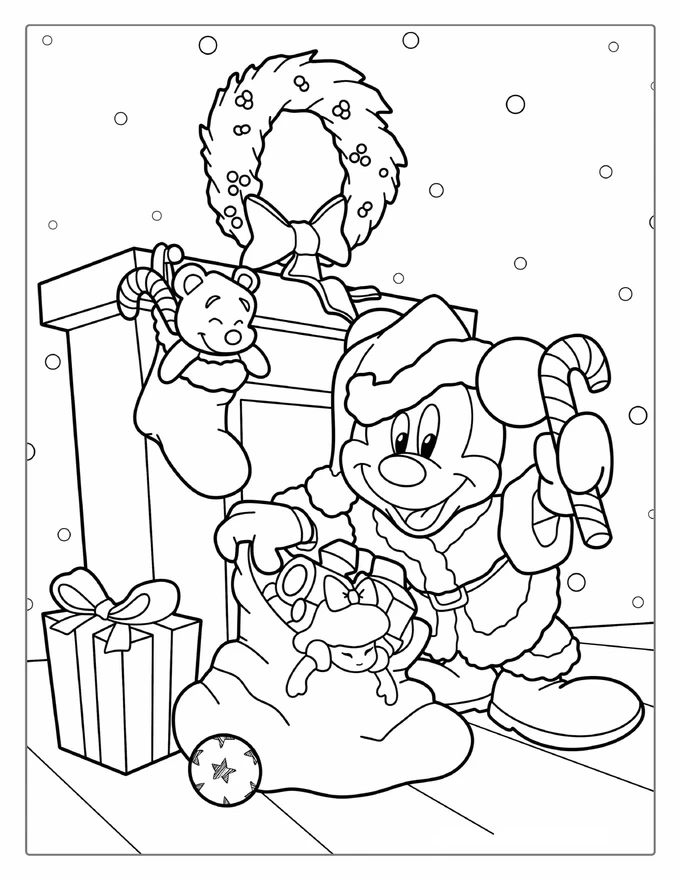 Mickey Mouse With Christmas Stocking To Color