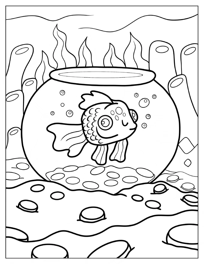 Cute Goldfish In A Fish Bowl Coloring Page