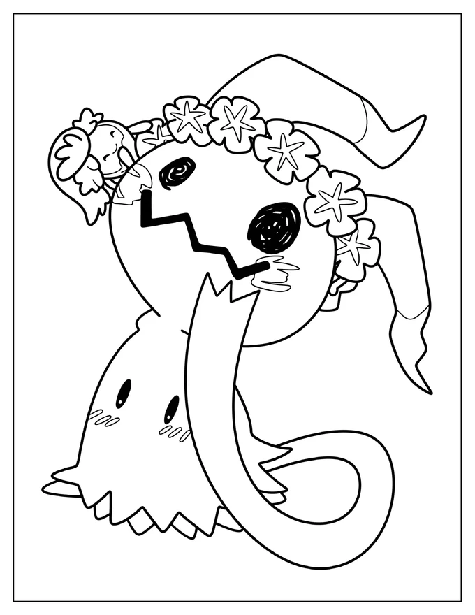 Kawaii Mimikyu With Flower Crown Coloring Page