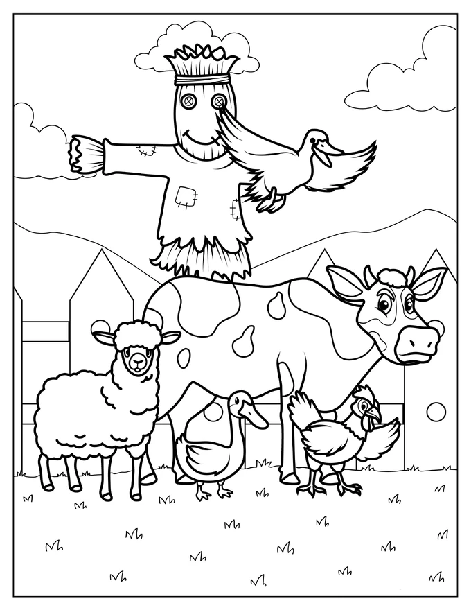 Common Farm Animals With Scarecrow