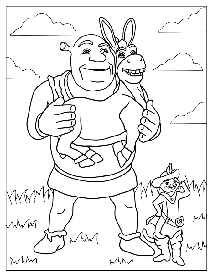 Shrek, Donkey And Puss In Boots To Color