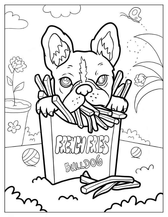 French Bulldog Eating French Fries Coloring Page For Kids