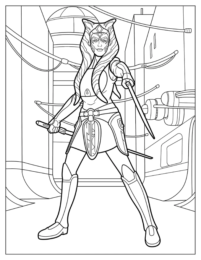 Detailed Ahsoka Tano Smirking In Battle Coloring Page