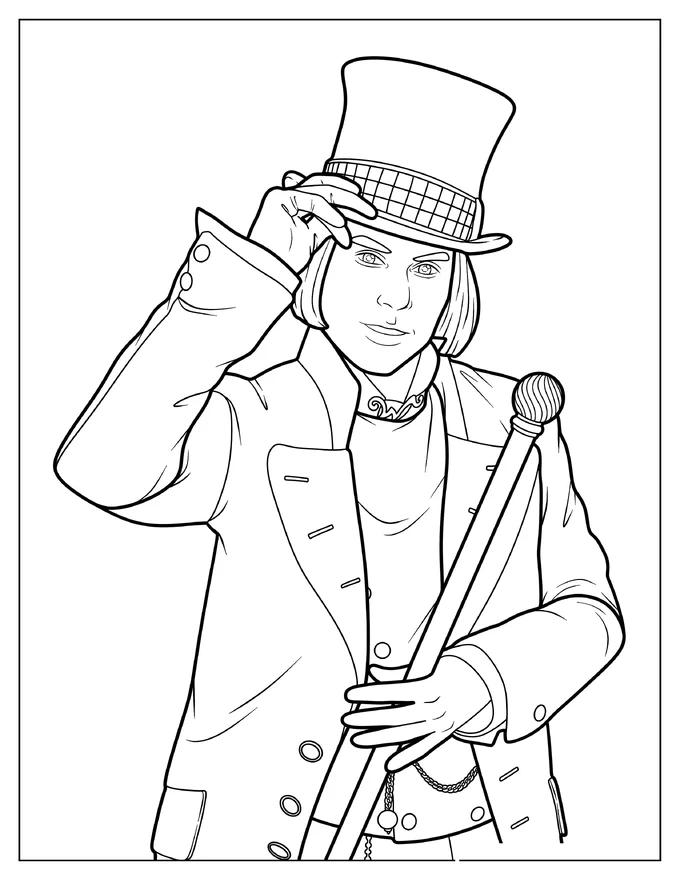 Johnny Depp<br> Willy Wonka Holding Top Hat Coloring Page