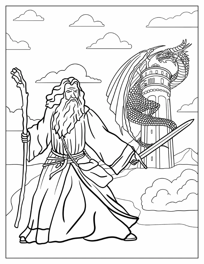 Wizard Holding A Staff And Sword To Defend A Castle