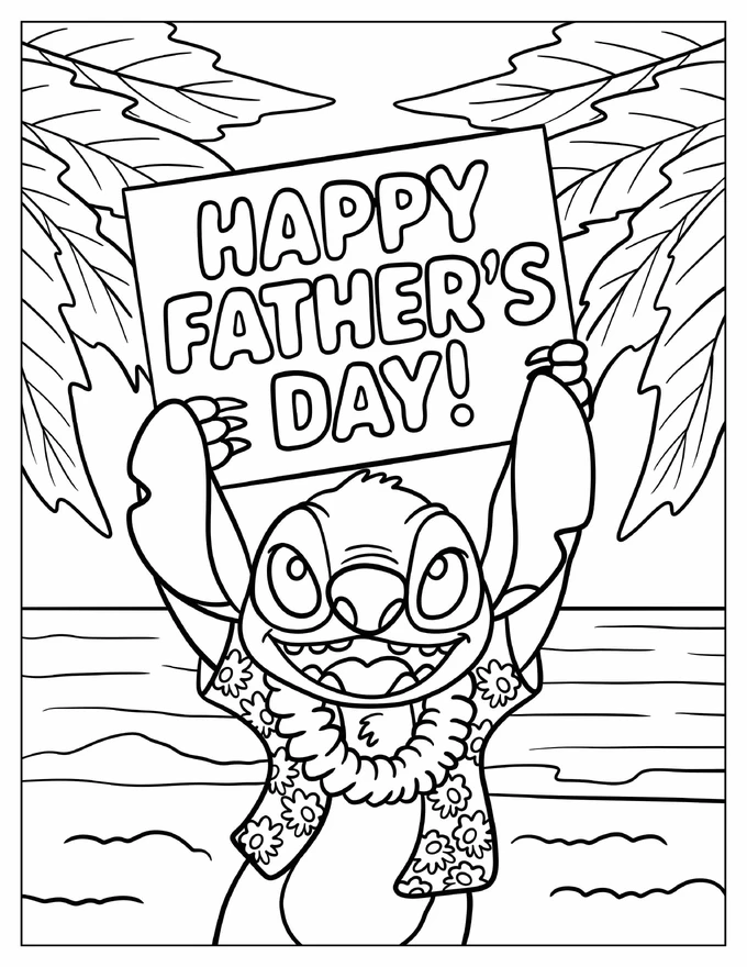 Stitch Holding Up A Father’s Day Greeting At The Beach Coloring Sheet For Kids